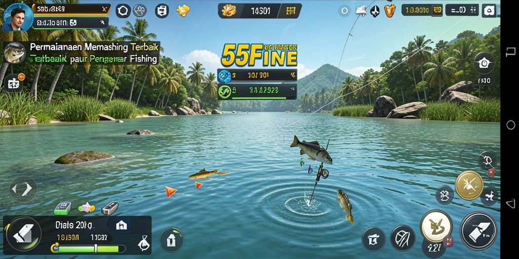 Tampilan menarik dari gameplay <strong>55FIVE</strong> saat memancing dengan teman.