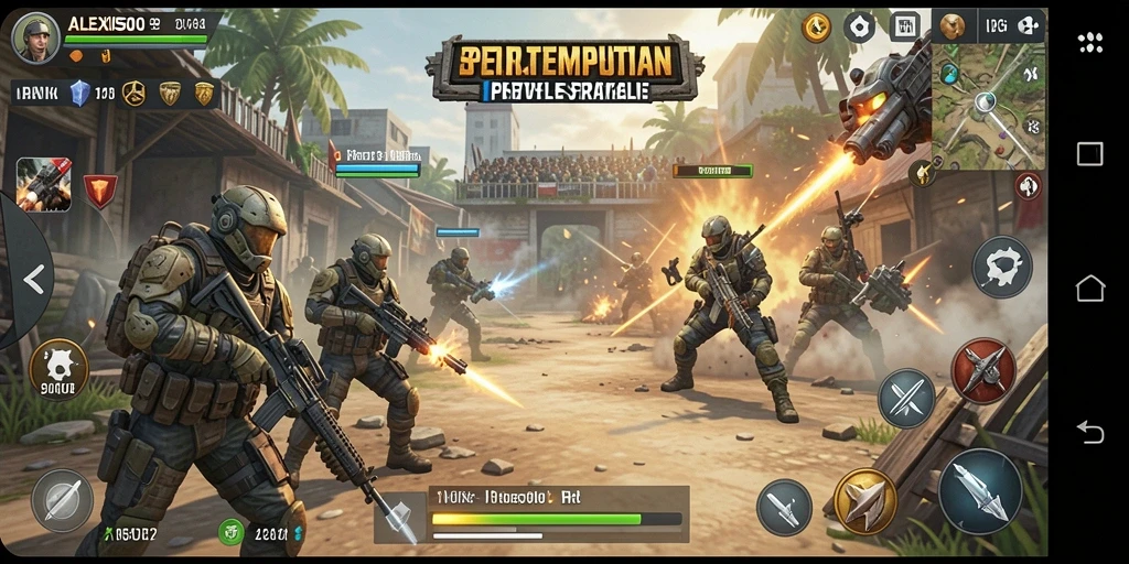 Screenshot utama ALEXIS500 menampilkan momen intens di medan perang Battle Royale.