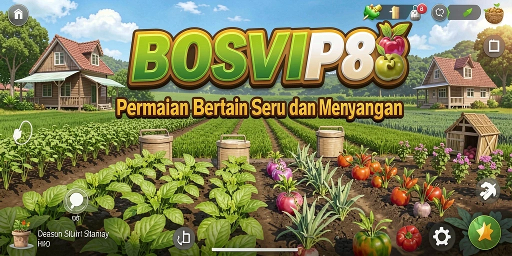 Tampilan gameplay <strong>BOSVIP88</strong> yang menampilkan pertanian yang subur dan aktivitas seru.