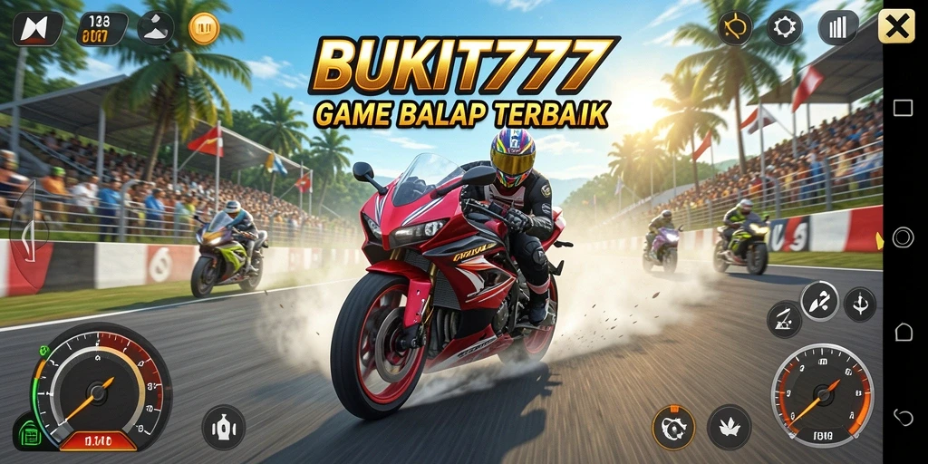 Tampilan seru gameplay BUKIT777 saat balapan motor.