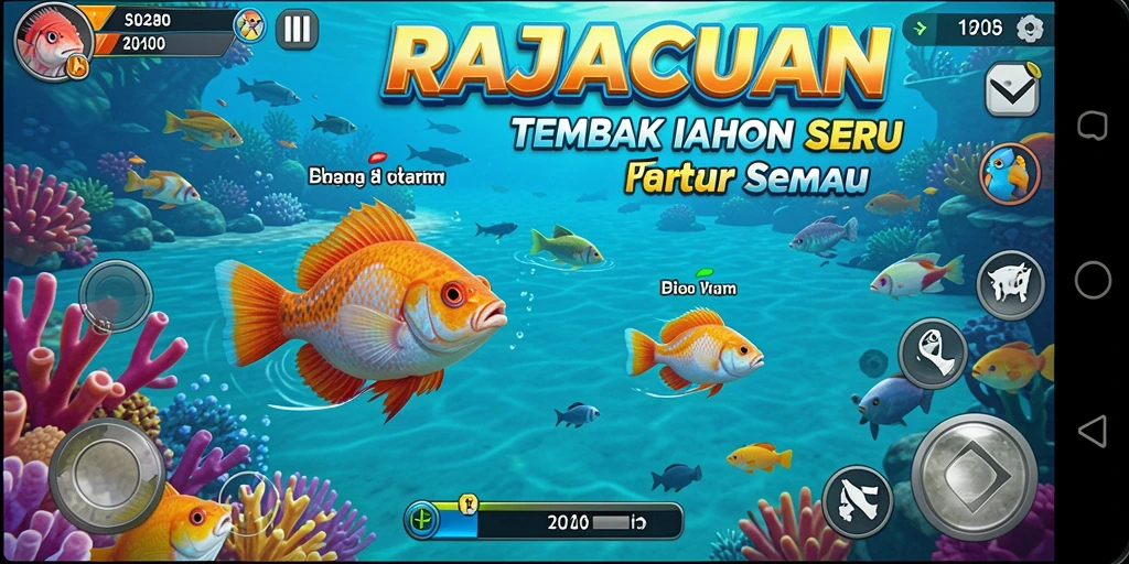Tampilan gameplay seru RAJACUAN dengan berbagai jenis ikan.
