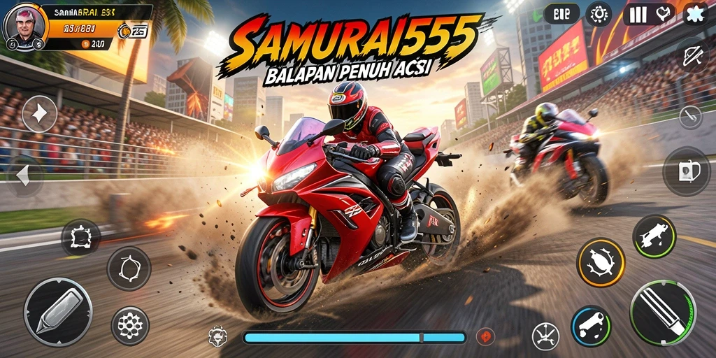 Screenshot gameplay SAMURAI555 yang menunjukkan aksi balapan motor yang mendebarkan.