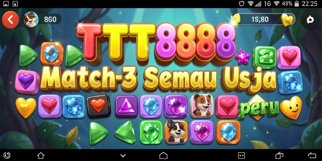 Tampilan screenshot TTT888 dengan gameplay mencocokkan tiga benda berwarna.