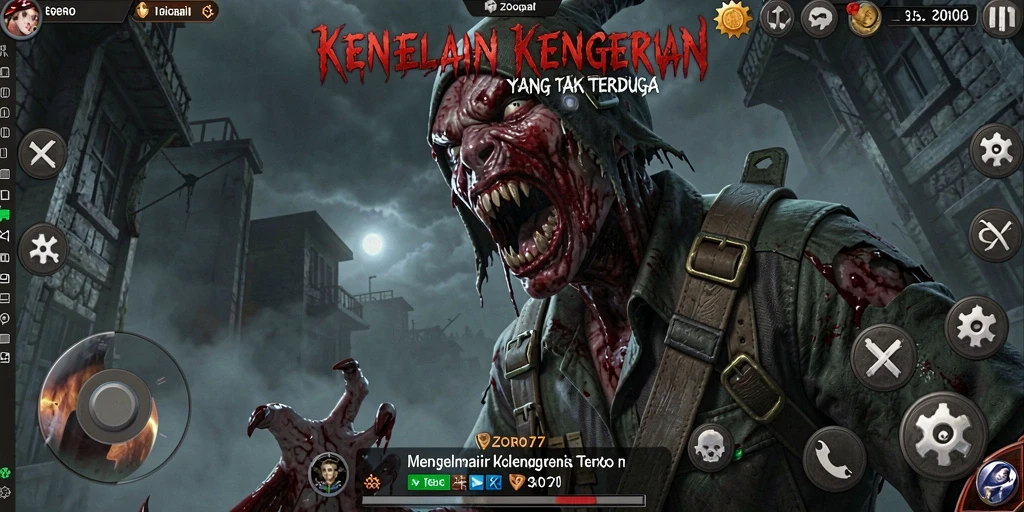 Screenshot gameplay ZORO77 menampilkan momen mencekam dalam suasana gelap.